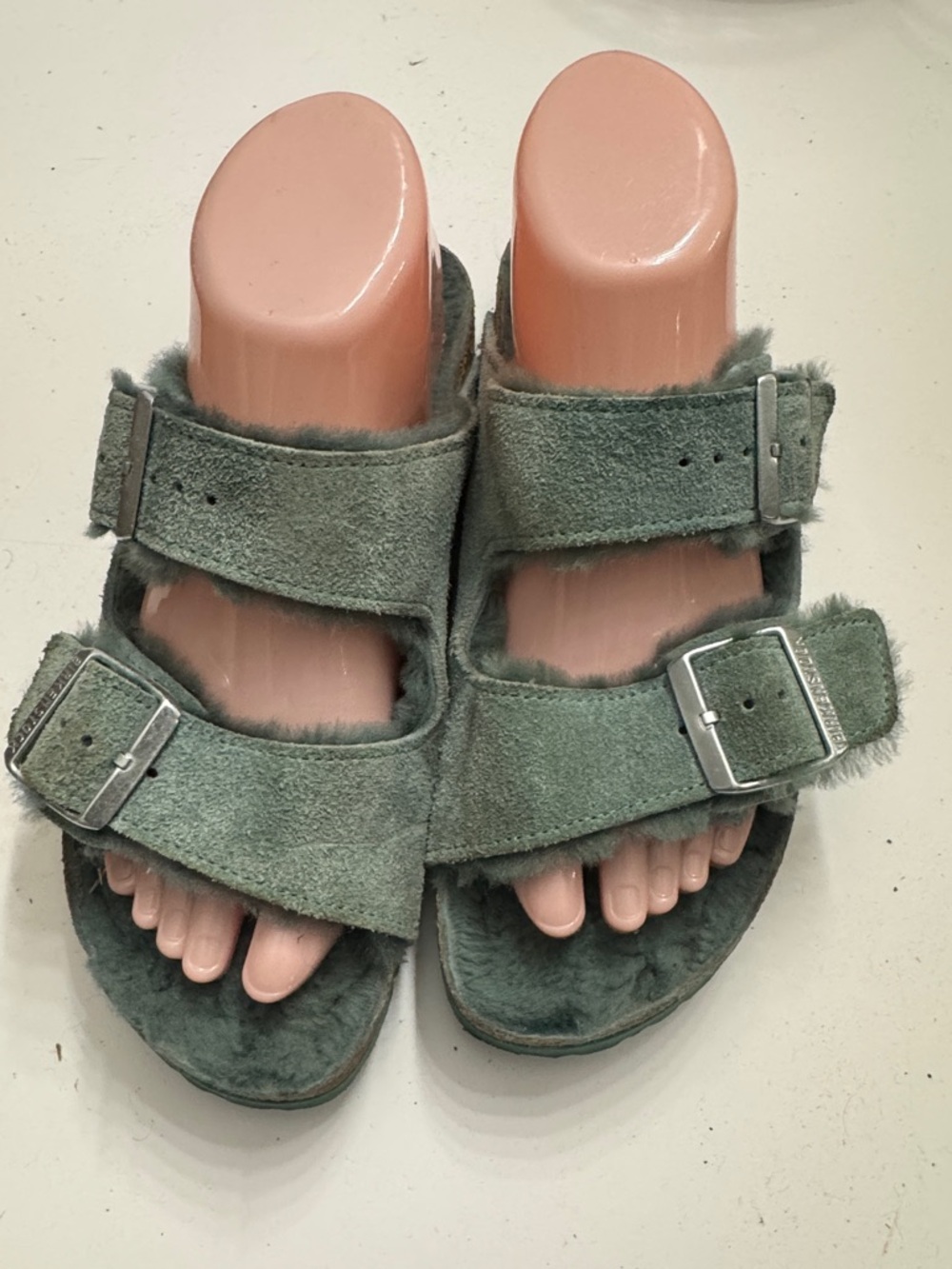 Birkenstock Women's Fuzzy Double-Strap Slides in Sage size 39